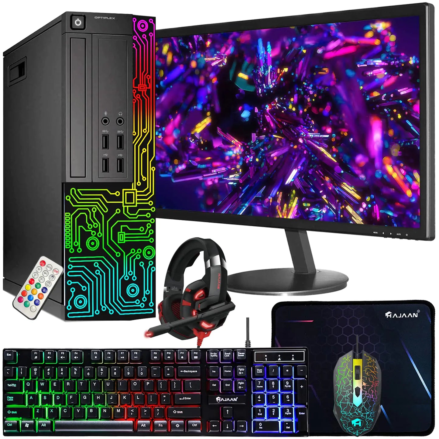 Dell OptiPlex Ordenador de Sobremesa RGB PC Intel i5 Procesador Quad-Core 16GB RAM 512GB SSD Monitor HDMI de 24 Pulgadas Teclado RGB Ratón y Auriculares WiFi Windows 10 Pro (Renovado)
