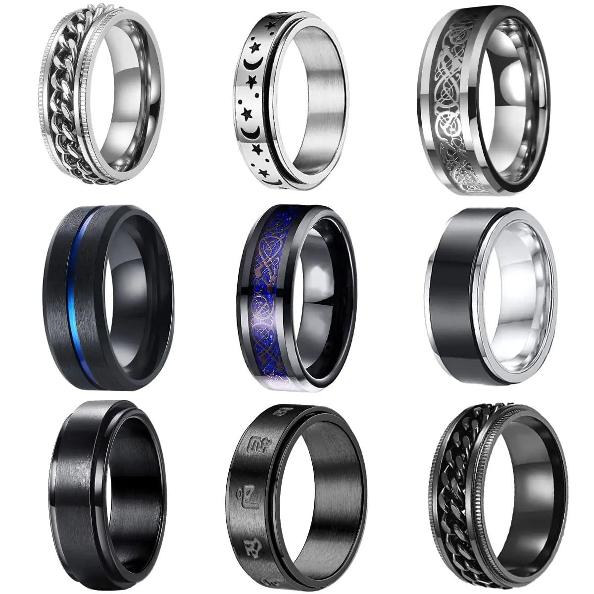 PINCHUAN Set de 9 Anillos de Acero Inoxidable para Hombre, Paquete de Anillos Negros, Anillos de Banda para Hombre, Set de Anillos Giratorios para Hombre, Anillos Fidget para Hombre, Anillos de Promesa de Boda para Hombre, Joyería de Anillos para Hombre -