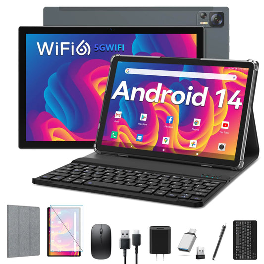 Tableta EITOMIN Android 14 de 10 pulgadas WiFi 6 con Procesador Octa-Core 8GB RAM+64/512GB Almacenamiento 13MP+8MP Cámara/Certificación GMS/Bluetooth 5.0 Tableta con Teclado/Carcasa/Ratón/Lápiz/Gris